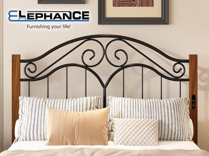 Headboard for Full Size Bed Frame with Charging Station USB & Type C Ports | Vintage Platform Bed Headboard Only,Adjustable,Iron Legs,Easy Assembly,Black