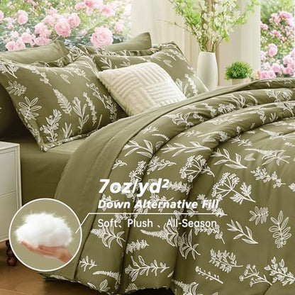 MUXHOMO Olive Green King Comforter Set, Elegant Floral Print Bed in a Bag 7 Pieces, Ultra Soft & Breathable Reversible Botanical Pattern Bedding Set with Comforter, Sheets, Pillowcases, and Shams