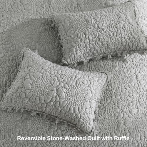 HORIMOTE HOME Dark Grey Ruffled Quilt Twin Size, Stone-Washed Microfiber Lightweight Crinkled Farmhouse Rustic Shabby Chic Bedding Set, 2 Pieces Reversible Bedspread with Pillow Sham for All Season