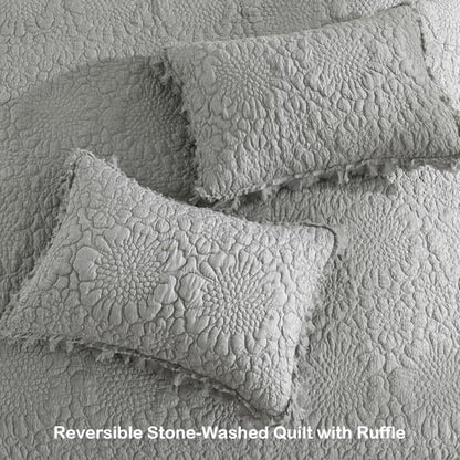 HORIMOTE HOME Dark Grey Ruffled Quilt King Size, Stone-Washed Microfiber Lightweight Crinkled Farmhouse Rustic Shabby Chic Bedding Set, 3 Pieces Reversible Bedspread with Pillow Shams for All Season