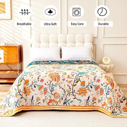 VANJOROY Boho Throw Blanket, 100% Organic Cotton Breathable Ultra Soft 91" x 98" Bed Quilt Throw - All Season Floral Rustic Farmhouse Decor Luxury Reversible Blanket for Sofa Couch Chair and Gift