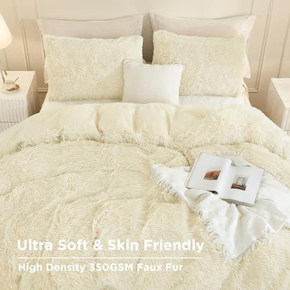 Andency Light Beige Comforter Full Size Set, Fluffy Faux Fur Bedding Set