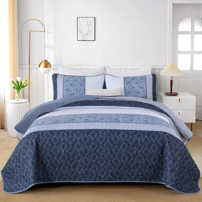 Cottolester Full Size Quilt,3 Pcs Mineral Blue Striped Plaid Bedspread