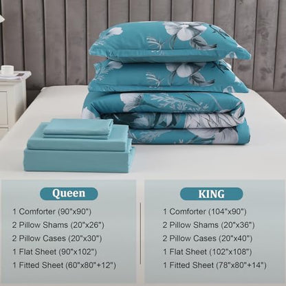 Luxudecor Floral Comforter Set King Size 7 Piece, Teal Blue Flower Bed in a Bag, Elegant Comforter Bedding Set for All Season (Teal Blue, 104"x90")