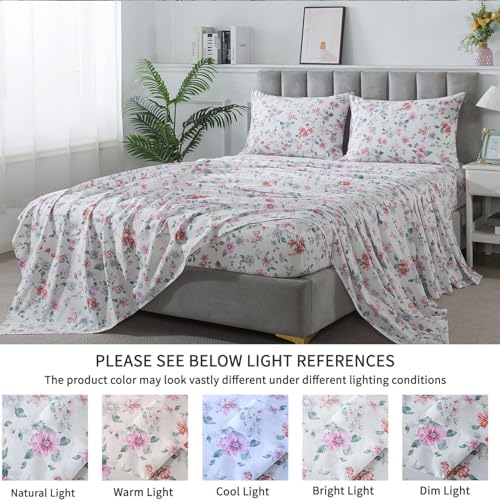 FADFAY King Sheets Set Percale Cotton Floral Bed Sheets Deep Pocket Fitted Sheet, Luxury Morning Glories Floral Printed Shabby Bedding for All Season, Super Soft Crisp & Breathe,4pcs