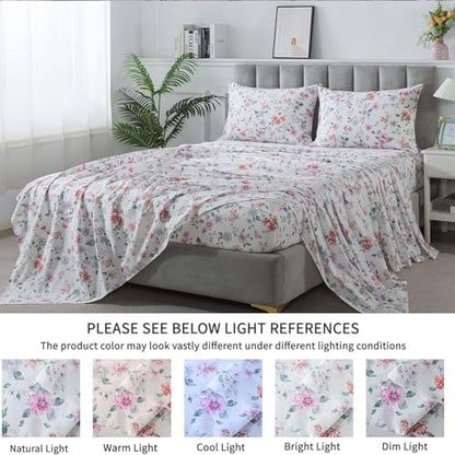 FADFAY King Sheets Set Percale Cotton Floral Bed Sheets Deep Pocket Fitted Sheet, Luxury Morning Glories Floral Printed Shabby Bedding for All Season, Super Soft Crisp & Breathe,4pcs