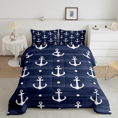 Manfei Anchor Comforter Set King Size, Nautical Theme Down Comforter with 2 Pillowcases, Rustic Farmhouse Navy Blue Bedding Set 3pcs for Kids Boys Teens Bedroom Decor Lightweight Duvet Insert