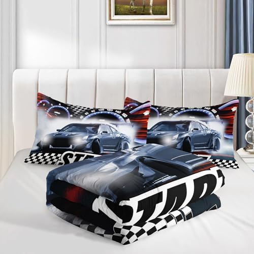 Axolotl Race Car Comforter Set King Size,Extreme Sports Bedding for Boys Teens Kids Girls Room Decor,Checkered Flag Bedding,Cool Speed Car Quilt Bed Set with 1 Comforter 2 Pillowcases