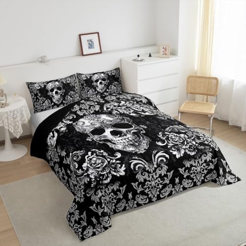 Gothic Skull Comforter Set King Size,Halloween Flower Skull Bedding Sets for Boys Girls Woman Men Bedroom Decor,Black Grey Vintage Damask Down Comforter Retro Floral Quilt Set,2 Pillowcases