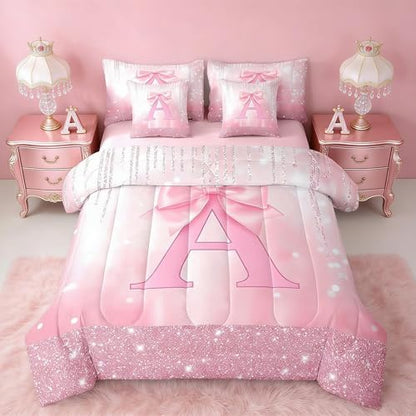 Feelyou Kids Pink Bowknot Bed in A Bag Queen Size, Personalized Initial A Comforter Set with Sheets Princess Glitter 7 Pieces Bedding Set Boys Girls Bow Alphabet Teens Bed Set Bedroom Decor 7Pcs