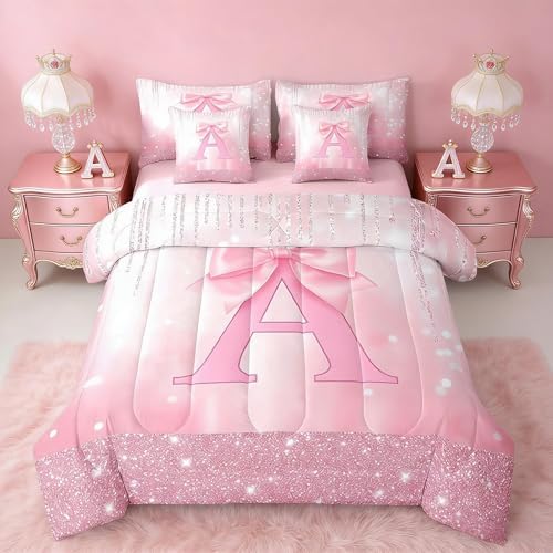 Feelyou Kids Pink Bowknot Bed in A Bag Twin Size, Personalized Initial A Comforter Set with Sheets Princess Glitter 7 Pieces Bedding Set Boys Girls Bow Alphabet Teens Bed Set Bedroom Decor 7Pcs