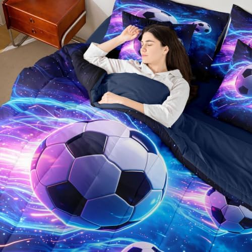 Feelyou Football Comforter Set with Sheets 7 Piece Queen Size Soccer Bedding Set for Kids Boys Girls Sports Theme Bed in a Bag Room Decor Soft Lightweight Microfiber