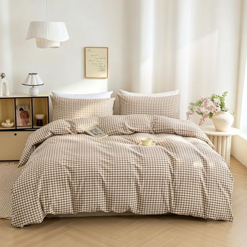 Mucalis Tan Gingham Duvet Cover Queen 100% Washed Cotton Brown Plaid Checkered Duvet Cover Set Vintage 3 Piece Beige Cream Grid Bedding Set with Zipper Closure Corner Ties,Durable,Breathable,Easy care