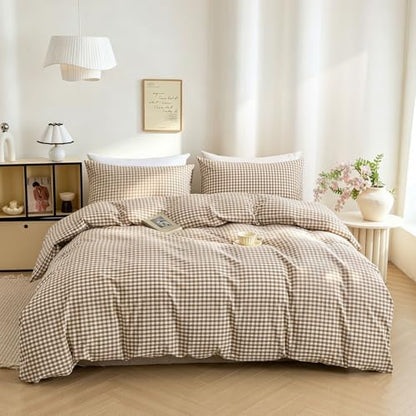 Mucalis Tan Gingham Duvet Cover Queen 100% Washed Cotton Brown Plaid Checkered Duvet Cover Set Vintage 3 Piece Beige Cream Grid Bedding Set with Zipper Closure Corner Ties,Durable,Breathable,Easy care