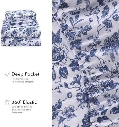 RUVANTI 100% Cotton Percale King Sheets, King Size Sheets Set, Wild Flower