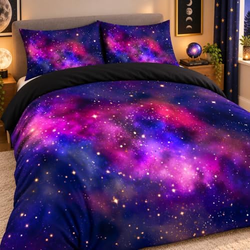 Galaxy Duvet Cover Space Bedding Set Full Size for Teen Kids, for Boys and Girls Purple Bed Set Printed with 1 Comforter Cover and 2 Pillowcases