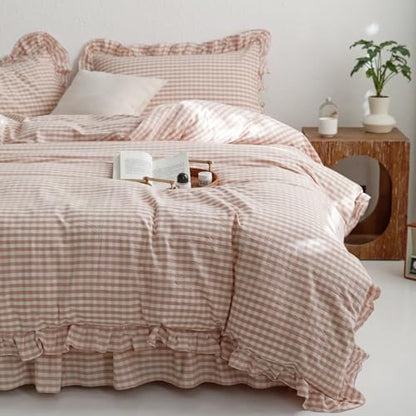 mixinni Vintage Pink Gingham Ruffle Comforter Set 3-Piece Washed Cotton King Size Grid Bedding Set with Geometric Checkered Pattern, Farmhouse Chic Soft Fluffy Comforter for All-Season