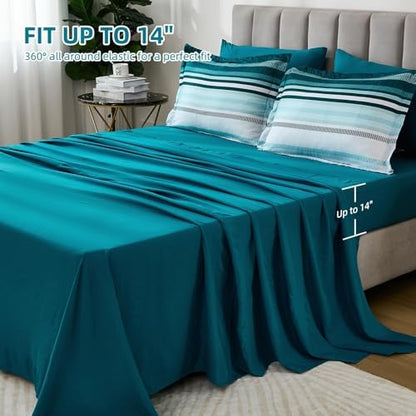 Dobuyly Teal King Size Comforter Set 7 Pieces, Blue Boho Striped Bed in a Bag Soft Microfiber All Season Bedding Set with Comforter, Sheets, Pillowcases & Shams