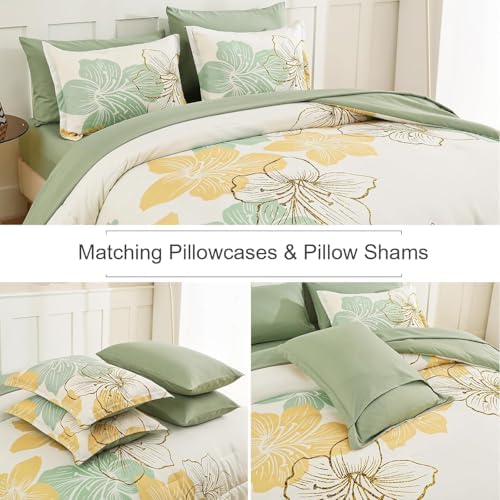 Luxudecor Sage Green Floral Comforter Set King Size, 7 Pieces Bed in a Bag Gold Glitter Metallic Comforter and Sheet Set, Soft Microfiber Complete Bedding Sets for All Seasons