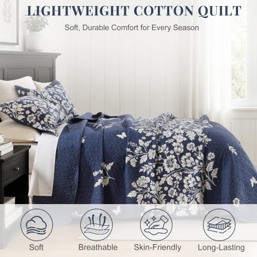 100% Cotton Reversible Floral Quilt Set, Navy, Queen Size, 90x98