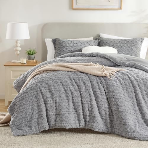 Homelike Moment Fleece Queen Comforter Set Grey, Fluffy Bed Set 3 Piece