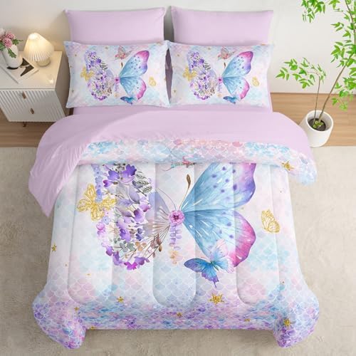 7Pcs Cartoon Butterfly Comforter Set Watercolor Printed Bedding Set with 1 Comforter, 1 Flat Sheet, 1 Fitted Sheet and 4 Pillowcases for Bedroom All Season(Butterfly-3 Full)