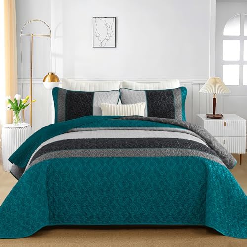 Cottolester Boho Quilt Set King,Striped Plaid Bedspreads Set,Peacock Blue