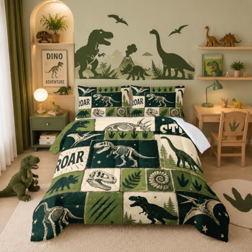 BSNTHO Dinosaurs King Size, Comforter Set Green Print Kids Comforter 3Pcs
