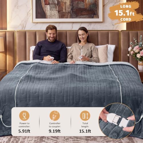 Heated Electric Blanket King Size, Dual Control 90" x 100", Ash Gray