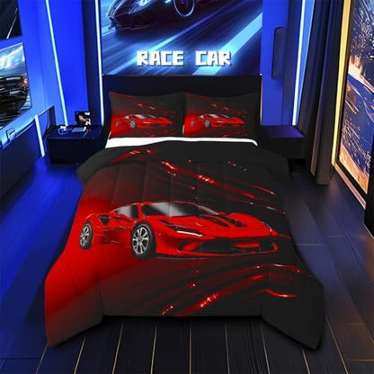 Feelyou Boys Red Race Car Bedding Set Toddle Size Speed Sports Car Comforter Set for Kids Teens Adult Fast and Furious Duvet Set Red Ombre Quilt Set 2Pcs