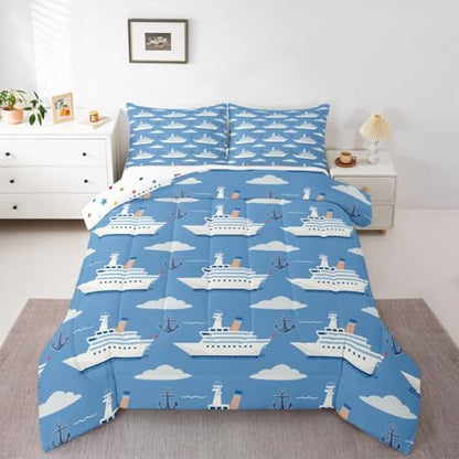 Erosebridal Boys Nautical Sailboat Bedding Set Full, Ocean Ship Comforter Set, Boat Anchor Comforter, White Cloud Blue Sky Nautical Quilt for Kids Teens Youth Men Bedroom, 3 Piece