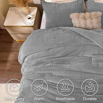 ChiXpace Fleece Twin Size Comforter Set Light Grey, Fluffy Bed Set 2 Pieces