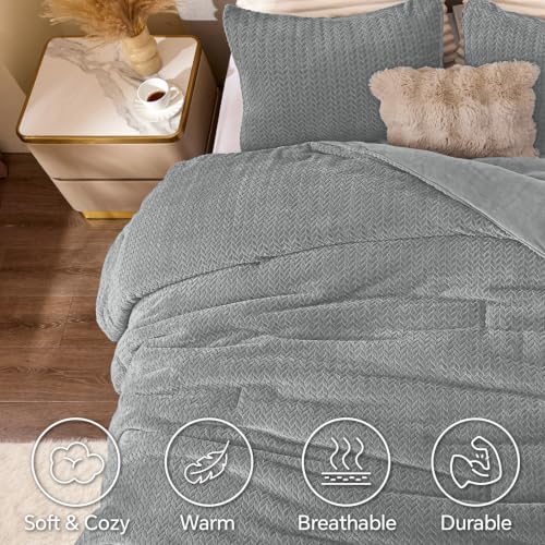 ChiXpace Fleece King Size Comforter Set Light Grey, Fluffy Bed Set 3 Pieces