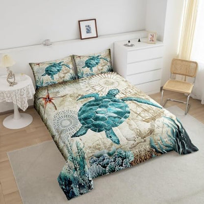 Turtle Bedding Teal Turtle Comforter Set Turquoise Ocean Themed Mediterranean Style Printed Design Ocean Turtle Down Comforter Quilted Duvet Set King Size 1 Comforter 2 Pillowcases (King, Turtle)