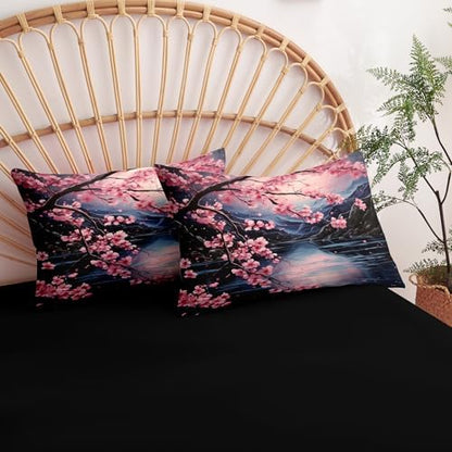 CCoutueChen Pink Cherry Blossom Comforter Set Full Size,Black Pink Japanese Floral Bedding Set for Girls, 3Pcs Soft Summer Lightweight Comforter with 2 Pillowcases/79 * 90,Great Bedroom Decor