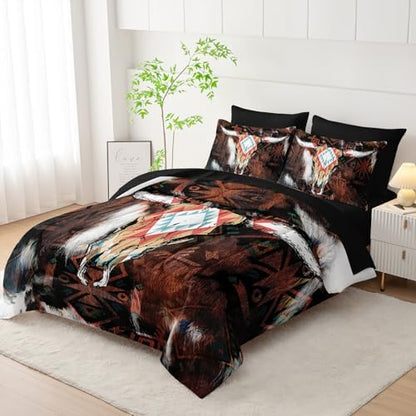 AILONEN Bull Skull Comforter Set Full Size,7-Piece Cattle Cowhide Cow Print Bed in a Bag,Western Cowboy Comforter & Fitted Sheet with Flat Sheet & 2 Pillowcases,2 Pillow Shams for Bedroom