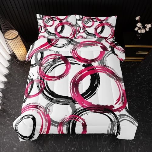 Nttopship Geometric Circle Comforter Set Pink Grey Black Geometric Bedding Set for Boys Girls Teens Retro Circle Swirls Bedding Set Bedroom Decor Modern Abstract Art Duvet Set Room Decor King Size