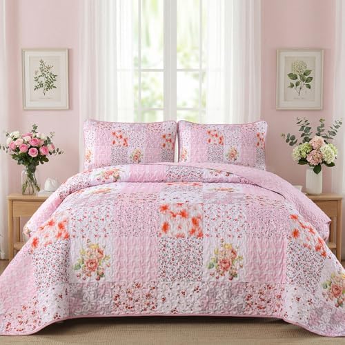Mybedsoul Boho Quilt King Size, Patchwork Bedding Set, Pink White