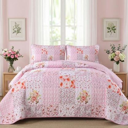 Mybedsoul Pink Quilts Queen Size, Patchwork Floral Reversible Bedding Set