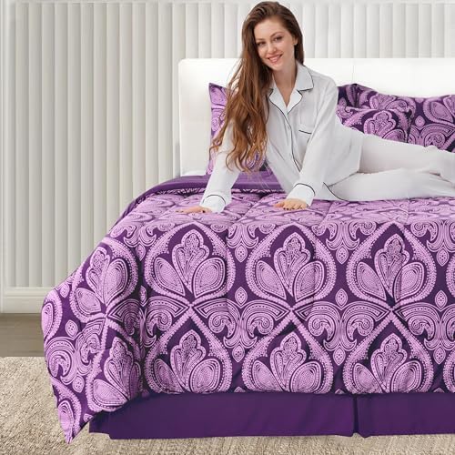 LUX Décor Reversible 5pc King Comforter Set, Printed Bedding Set, All-in-One Bed in a Bag, Includes 1 Comforter, 2 Pillow Shams, 1 Decorative Pillow & 1 Bed Skirt (Paisley Purple,King)