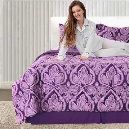 LUX Décor Reversible 5pc King Comforter Set, Printed Bedding Set, All-in-One Bed in a Bag, Includes 1 Comforter, 2 Pillow Shams, 1 Decorative Pillow & 1 Bed Skirt (Paisley Purple,King)