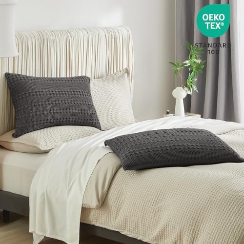 PHF 100% Cotton Waffle Pillow Shams Standard Size, 2 Pack 20" x 26" Soft Skin-Friendly Pillowcases, No Filling, Aesthetic Woven and Breathable Waffle Weave Pillow Case Covers for Bed, Charcoal Grey