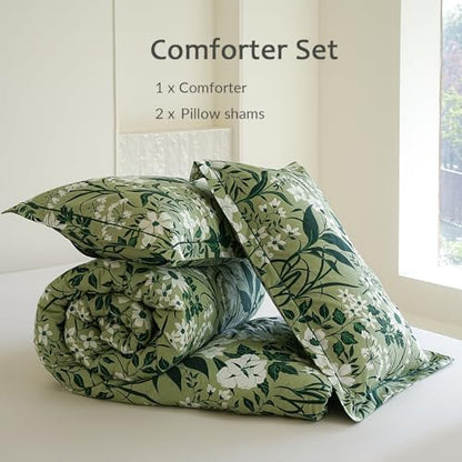 Floral Comforter Queen Size - 100% Cotton Green Comforter Set 3pcs, Leaf Print Soft Hypoallergenic Bedding Set