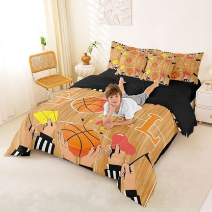Erosebridal Orange Basketbal Ball Games Sports Theme 7 Piece Bedding Set Twin | Boys Gaming Pattern Boys Kids Comforter Set with Sheets Geometric Bed in A Bag Playground Bed Sets