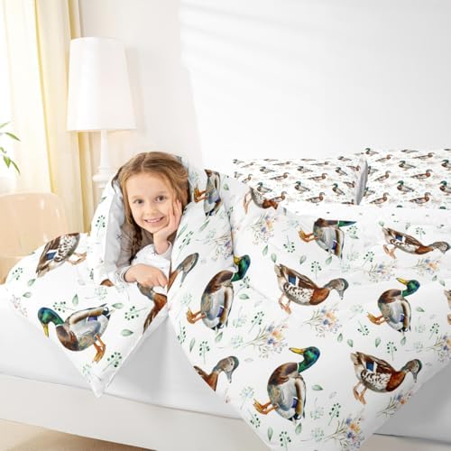 jejeloiu Mallard Duck Comforter Set Toddler Size Hunting and Fishing Bedding Set for Kids Boys Girls Wild Animal Duvet Quilt Bedroom Decor Microfiber 2 Pcs with 1 Pillow Cases