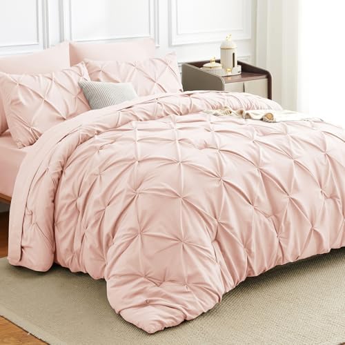 HIMEET Queen Comforter Set Peach Pink - 7 Pieces Pintuck Bed in a Bag