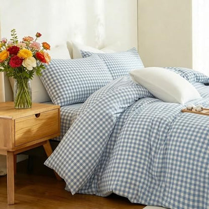Gingham Duvet Cover Set 3 Piece 100% Washed Cotton Linen Feel Modern Plaid Checkered Bedding Comfy Breathable (Blue/White Gingham, Queen)