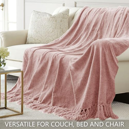 Chenille Throw Blanket for Couch 50" x 60", Dusty Pink