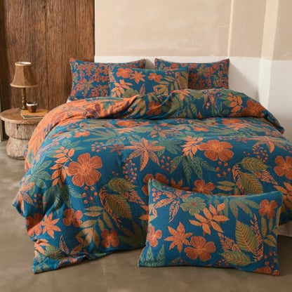 Simple&Opulence Muslin Duvet Cover Set King Size, 100% Washed Cotton 3 Pieces Yarn-Dyed Vintage Blue Floral Leaves Jacquard Textured Bedding, Soft Breathable Gauze Comforter Cover with Zipper Closure