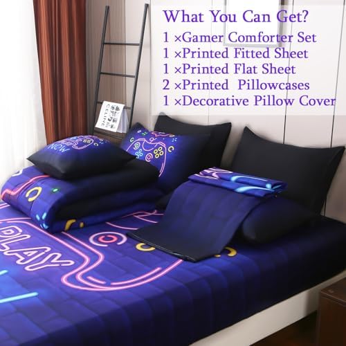 JQinHome Twin Gamer Comforter Set 6 Piece Bed in A Bag for Boys,3D Neon Light Up Design for Classic Console -All Season Soft Microfiber Down Alternative Comforter Gamer Bedding Sets for Kids (Purple)
